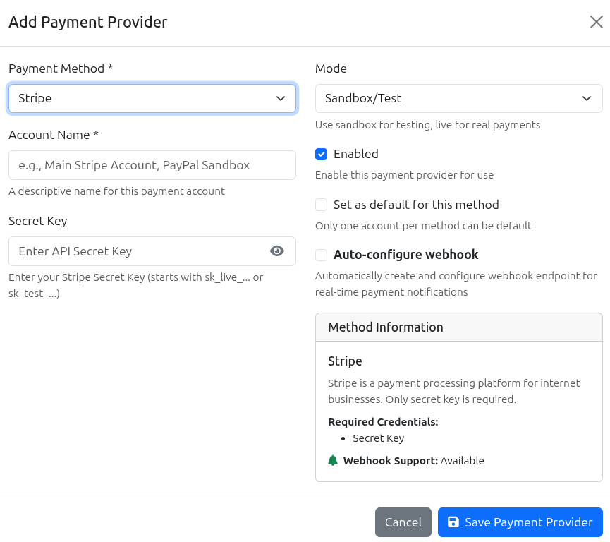 Payment provider configuration dashboard showing Stripe API settings with secret keys, webhook URL endpoints, and test mode toggle switch