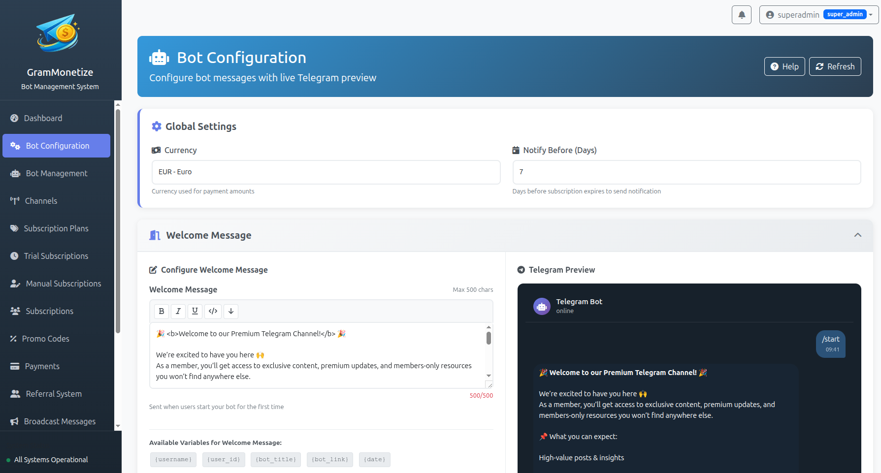 GramMonetize Bot Configuration Interface