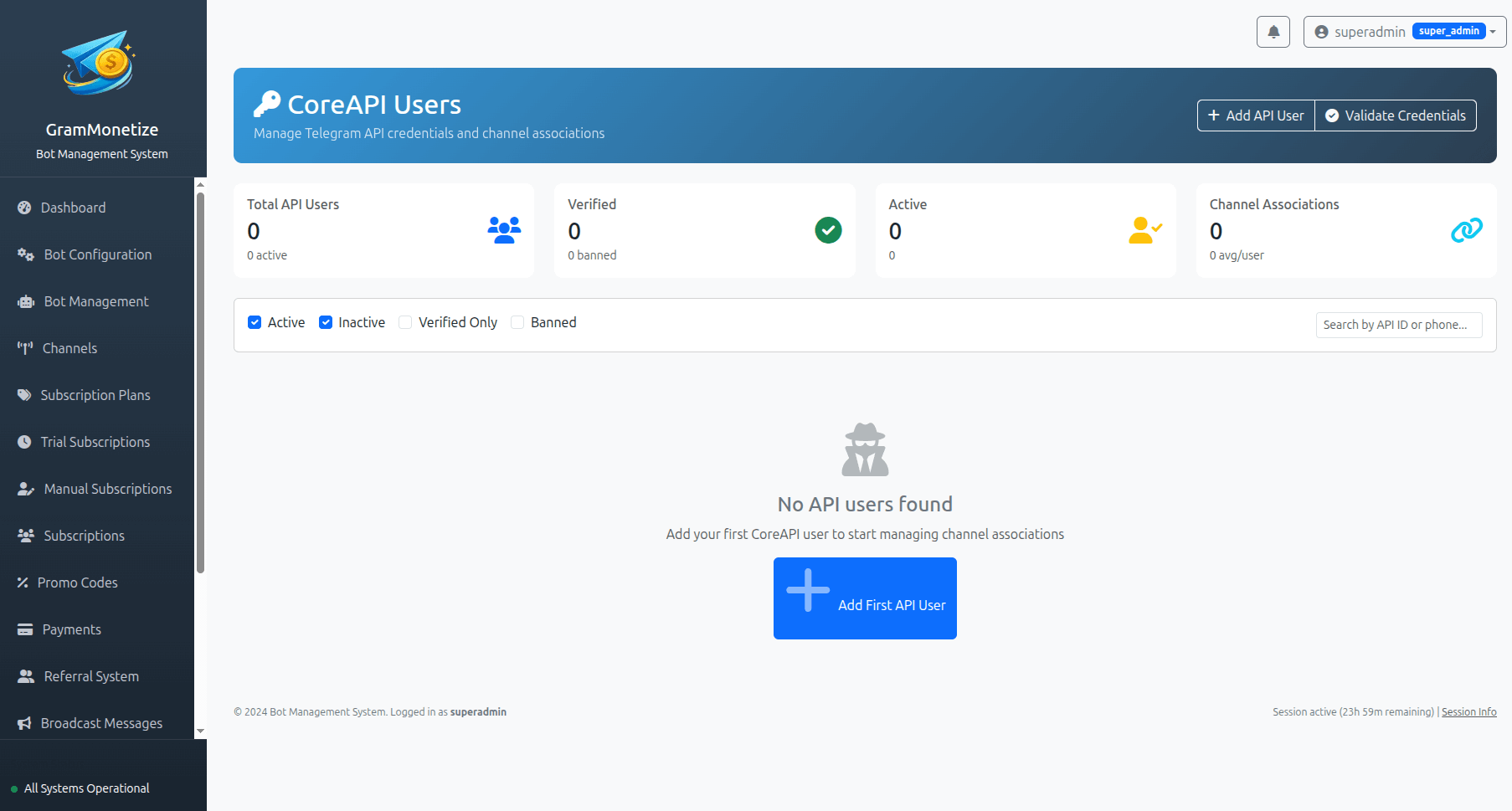 Core API Management Dashboard showing API credentials, usage stats, and bot management