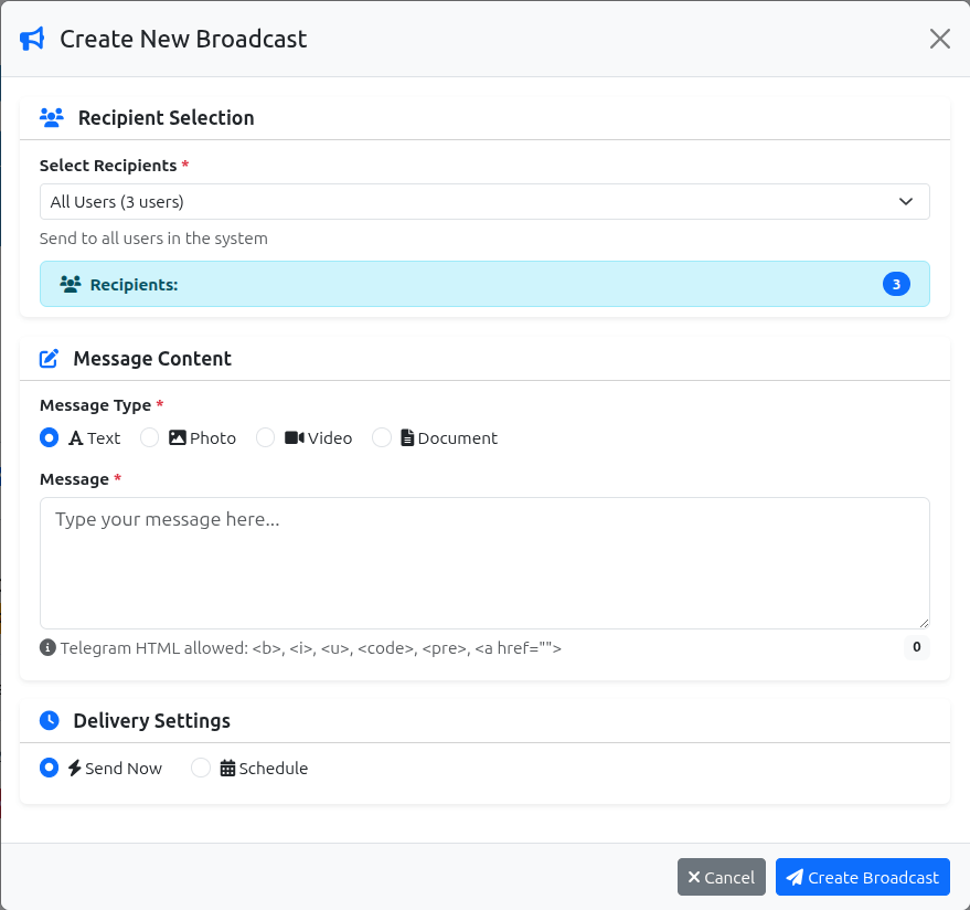 Create Broadcast Messages showing campaign list, media selection, and message composer