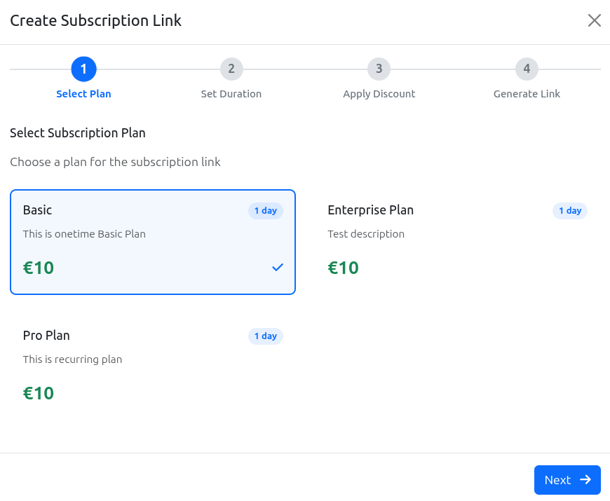 Manual subscription link creator interface showing user selection dropdown, plan picker with duration options, days input field (1-3650), generate button, and newly created single-use link with copy functionality