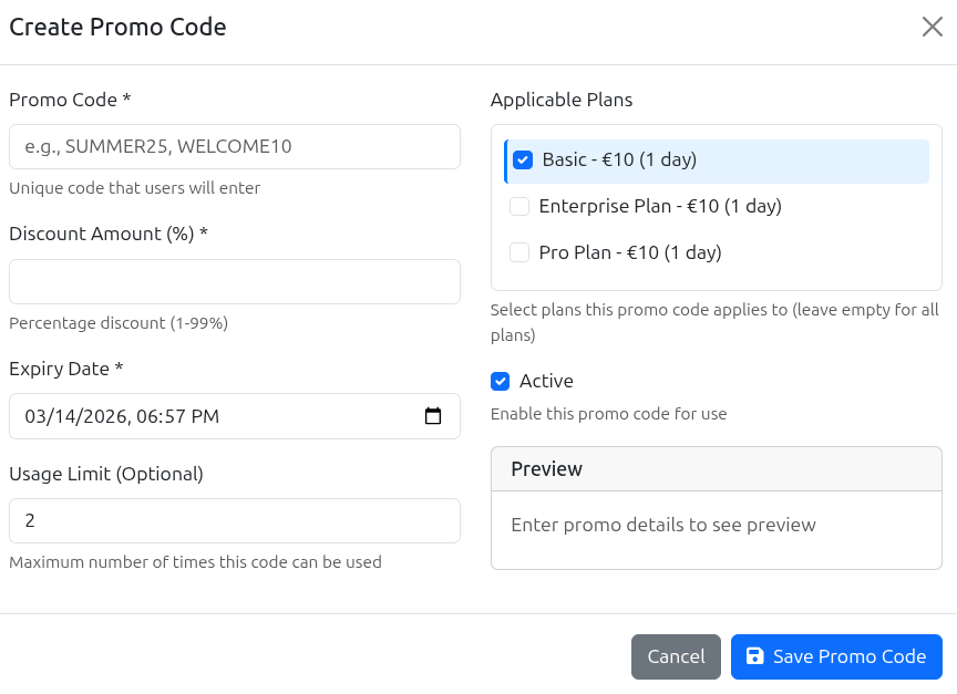 Promo code creation interface showing discount percentage input, plan selection dropdown, code generator, and active promo codes list