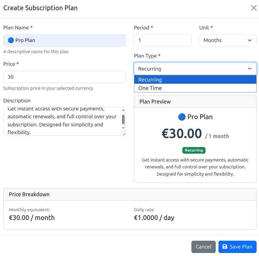 Subscription plan creation interface showing plan name input, pricing fields (USD/EUR), billing interval selector (monthly, quarterly, annual), trial period settings, channel access checkboxes, and plan activation toggle