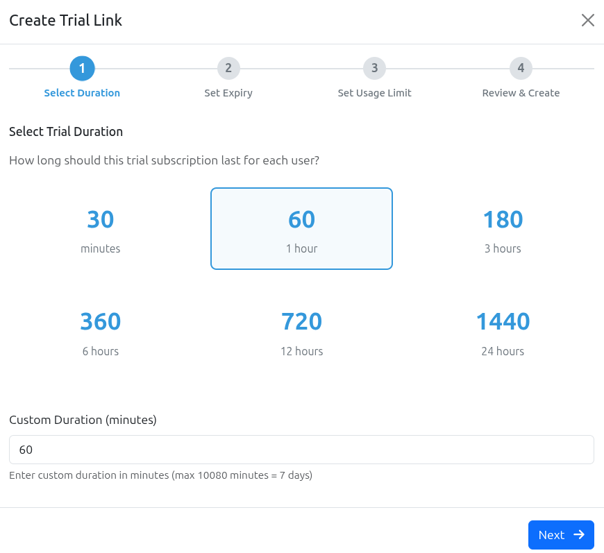 Trial subscription link generator interface showing plan selection dropdown, trial duration picker (1-30 days), usage limit selector (single-use, multi-use, unlimited), expiry date calendar, and generate trial link button with preview