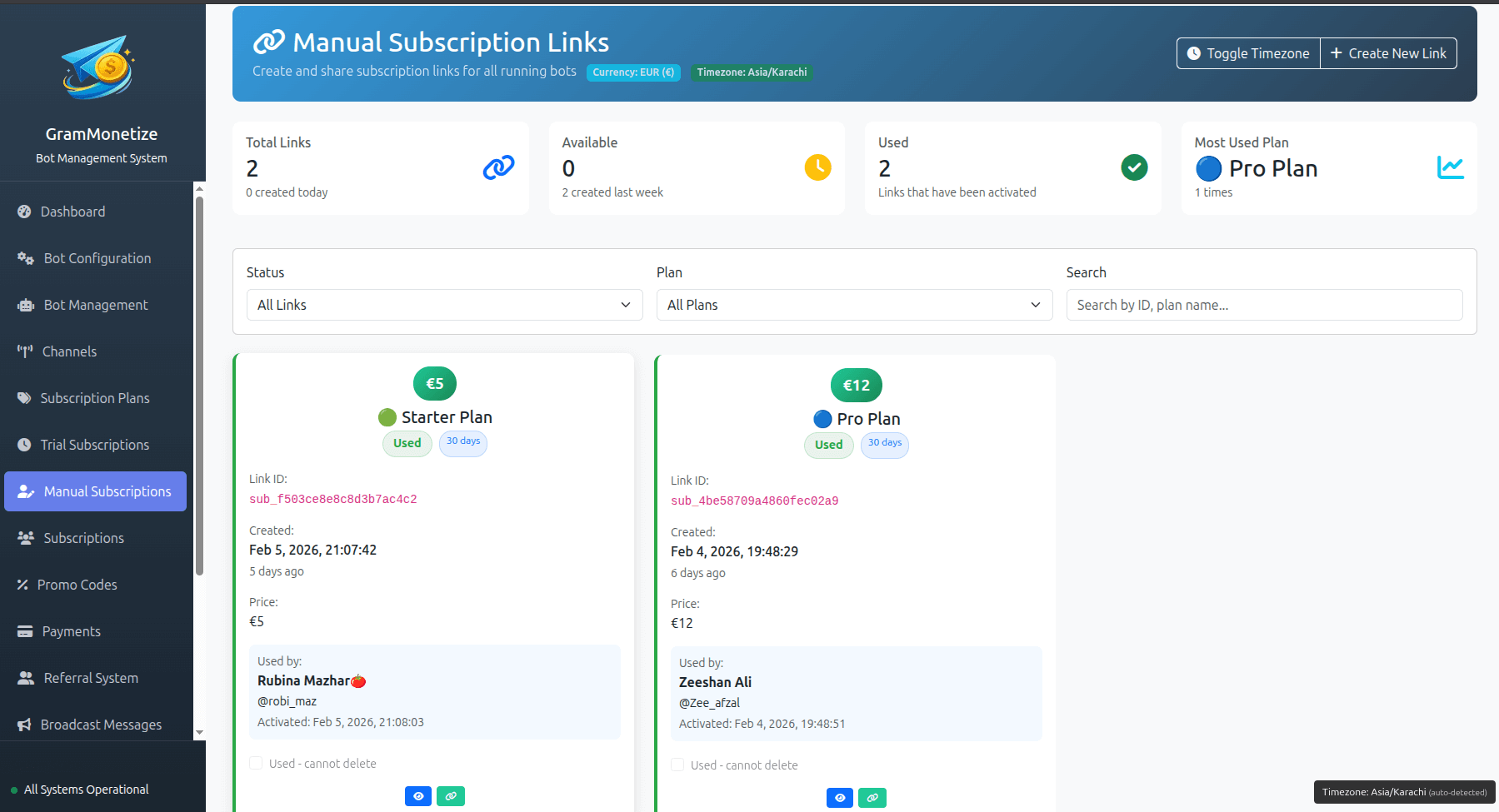 Manual Subscription Dashboard showing active manual subscriptions and creation interface