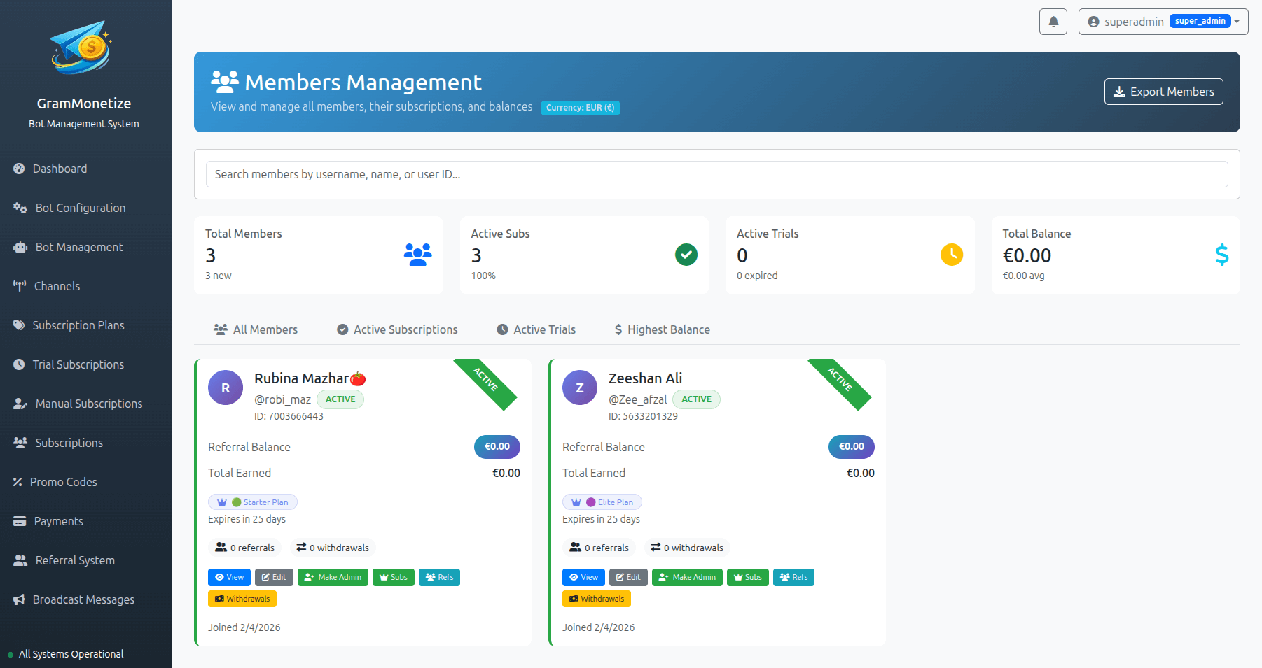 Members Management Dashboard showing member list, filters, and key metrics
