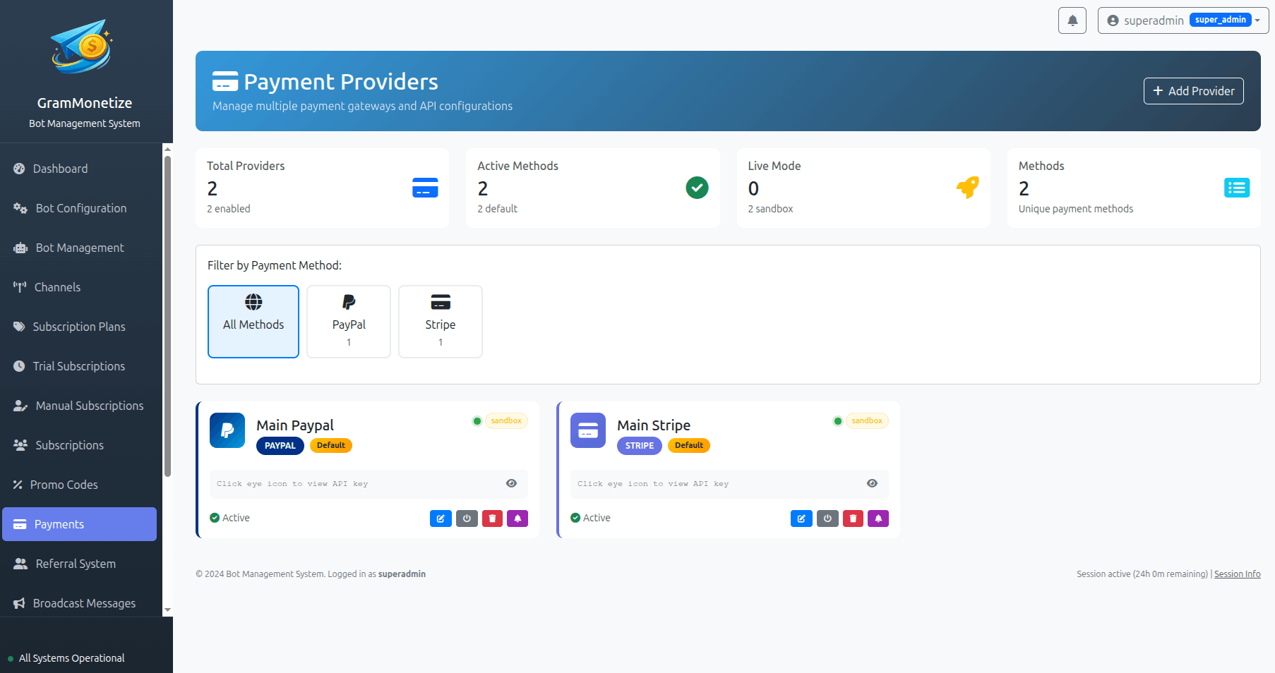Payment Providers Dashboard showing Stripe, PayPal, and Manual payment configurations