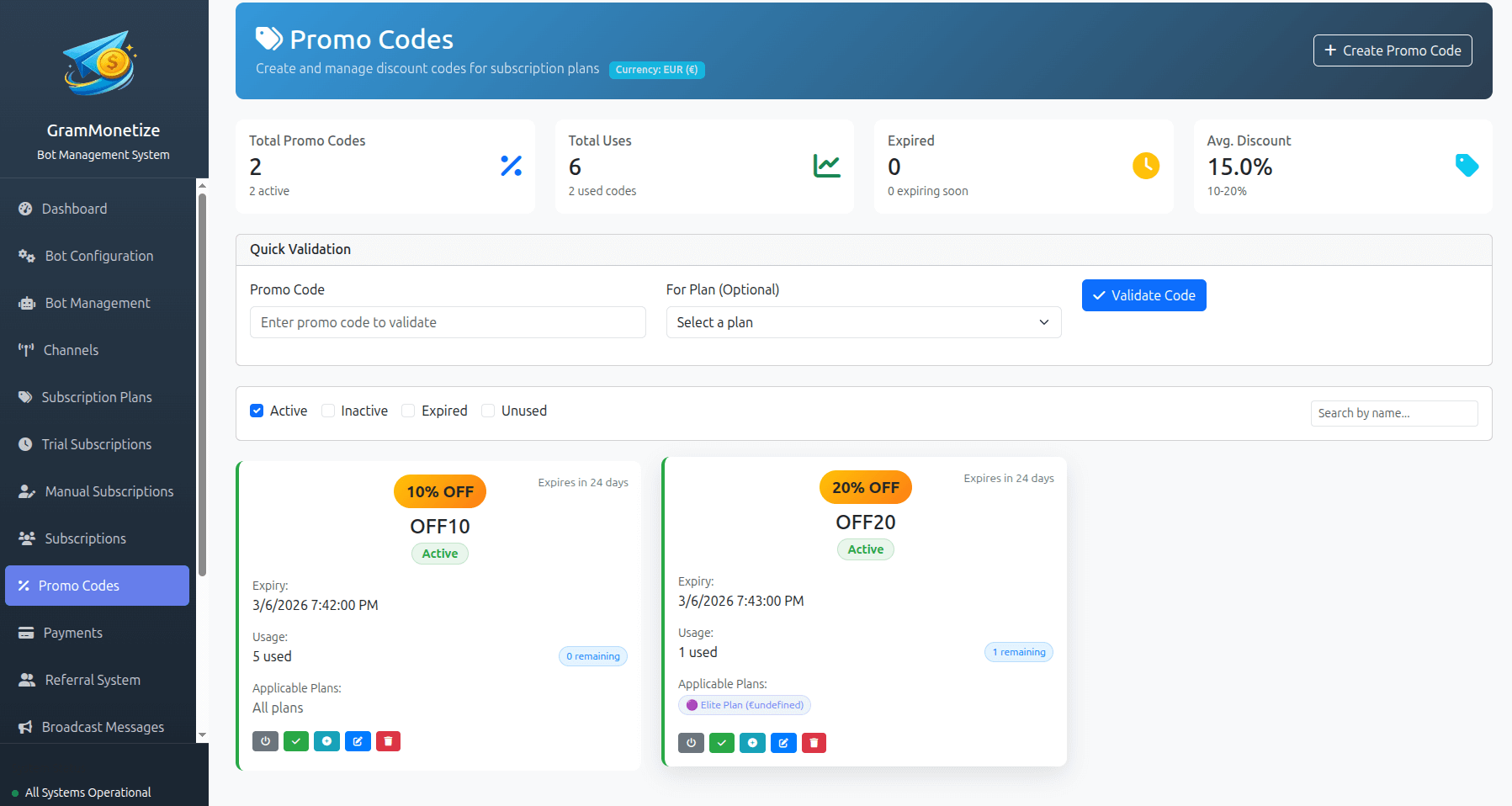 Promo Code Management Dashboard showing active promo codes, usage stats, and creation interface