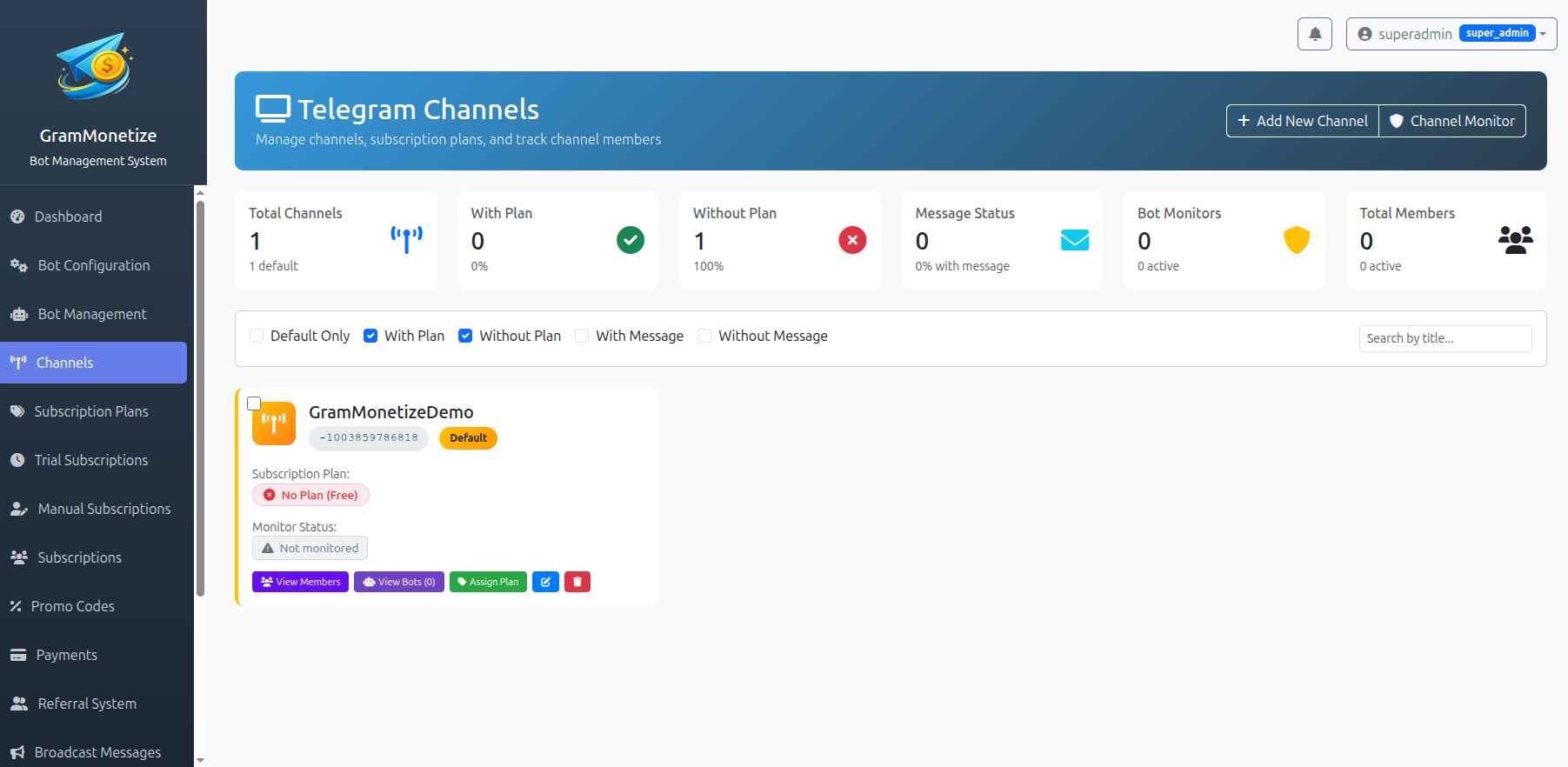 GramMonetize Channels Management Interface